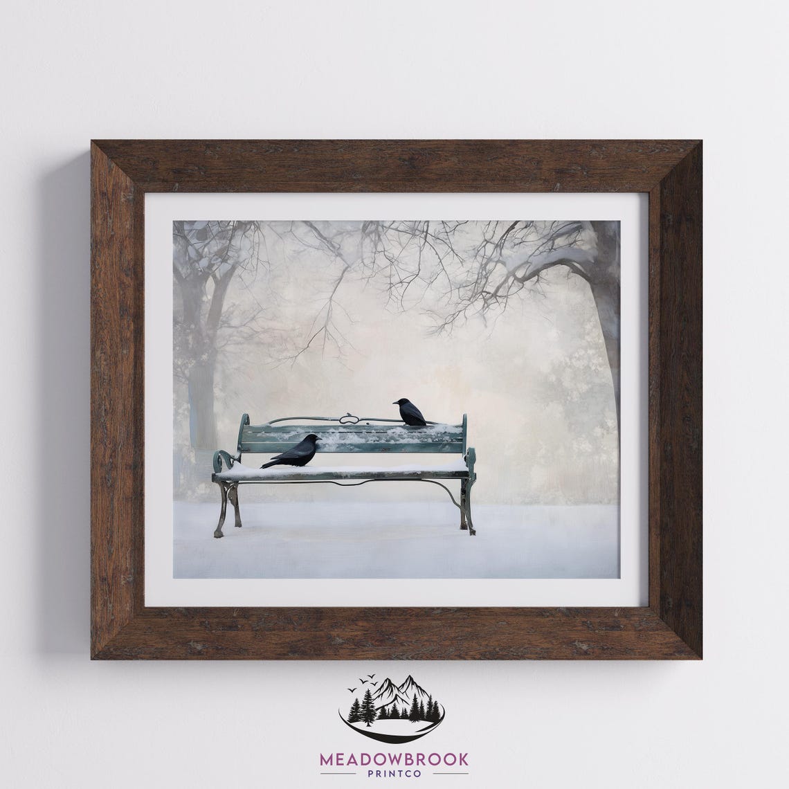 Blackbirds On Snowy Park Bench Serene Winter Bird Painting Print - Image 2