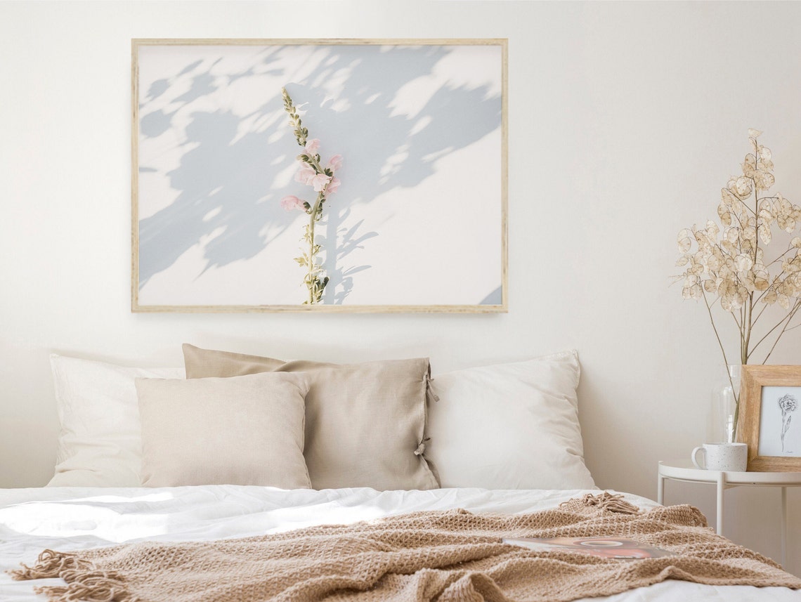 Pink Snapdragon Stem Leaf Shadow Minimal White Botanical Art Poster - Image 3