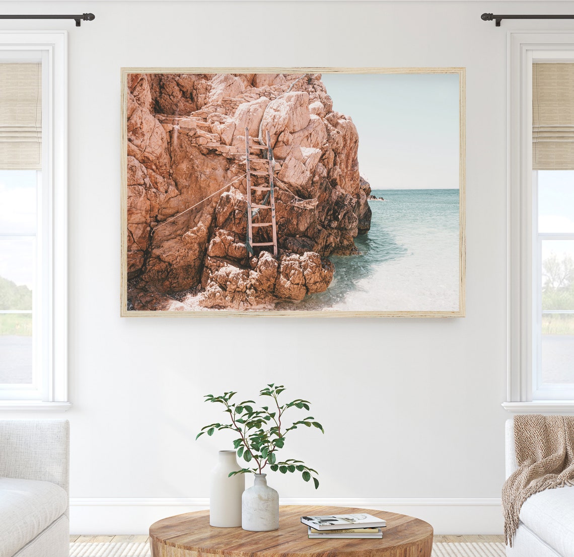 Wooden Ladder Rugged Cliff Turquoise Sea Greece Coast Travel Poster - Image 2