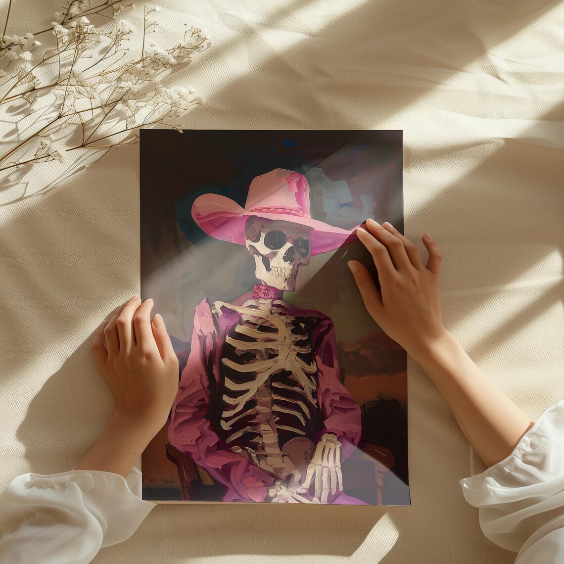 Pink Cowgirl Skeleton Portrait Cowboy Hat Painting Western Halloween Art Print - Image 3
