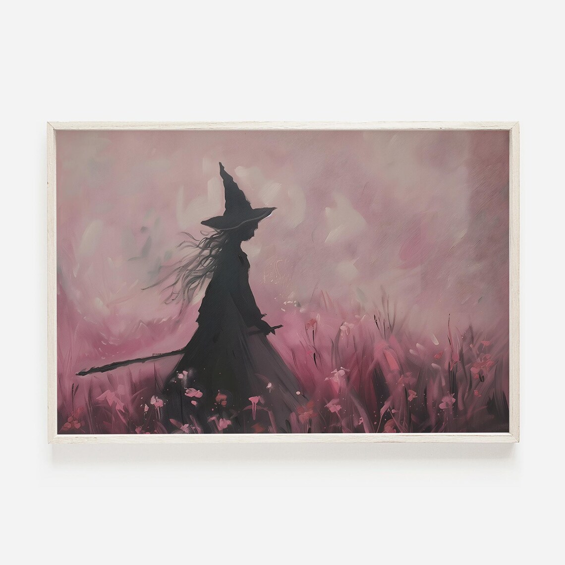 Witch Silhouette in Pink Flower Meadow Painting Moody Halloween Art Print