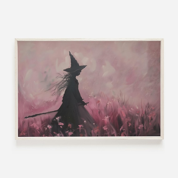 Witch Silhouette in Pink Flower Meadow Painting Moody Halloween Art Print