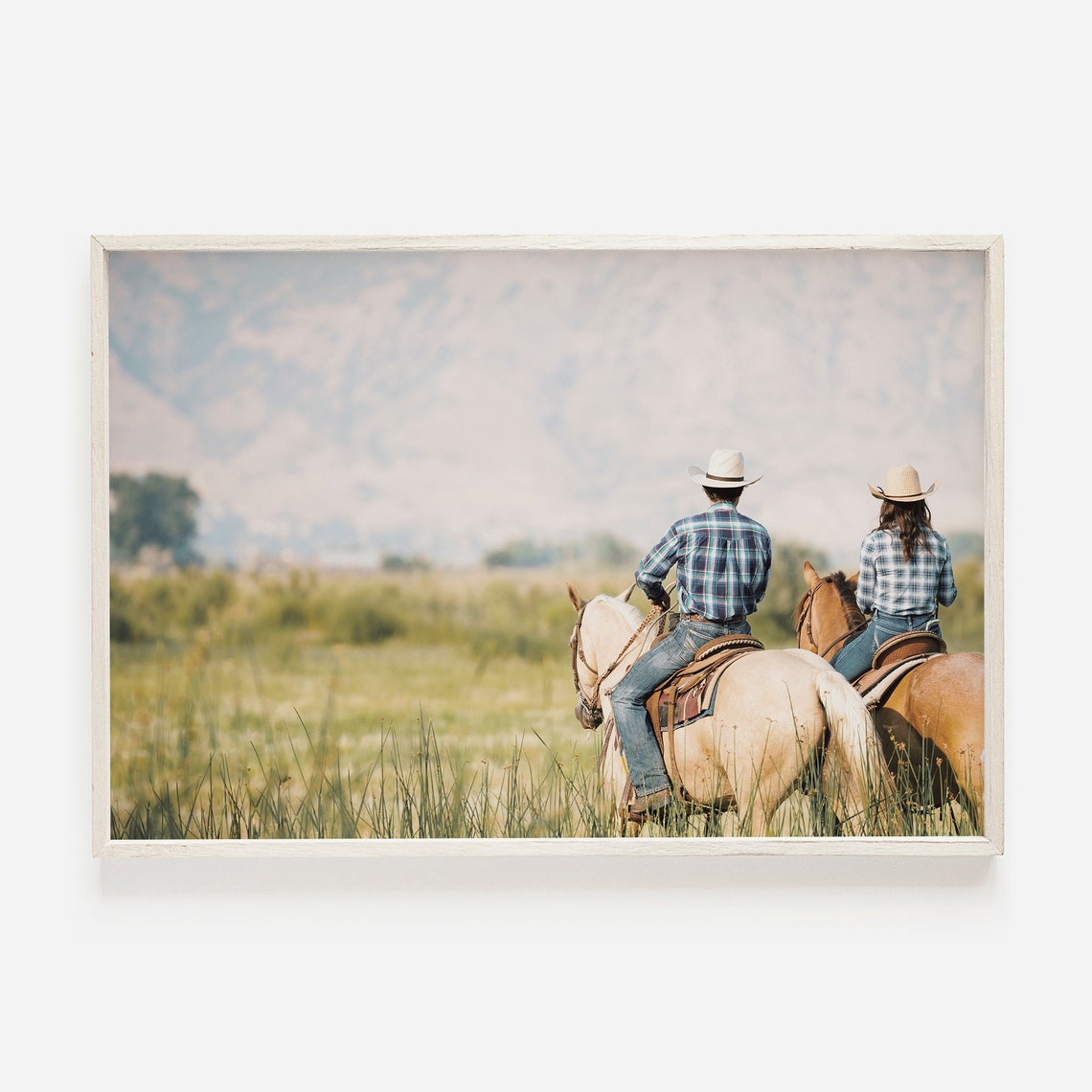 Cowboy Couple Horseback Riding Western Prairie Sunset Landscape Poster