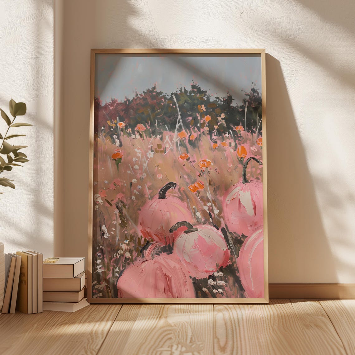 Pink Pumpkins In Fall Field Wildflowers Pastel Painting Art Poster - Image 4