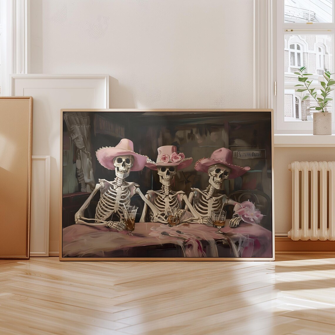 Three Cowgirl Skeletons Bar Scene Painting Pink Halloween Western Wall Art Print - Image 4