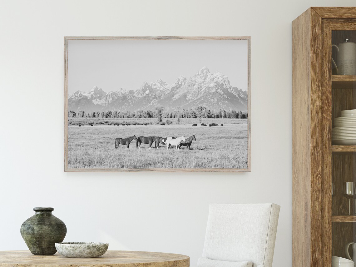 Horses in Grand Teton Black and White Art Print - Image 4