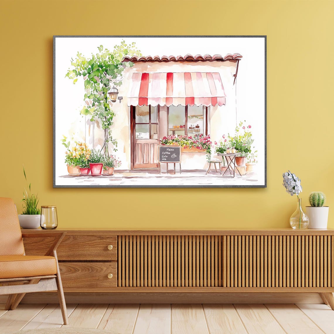 Beautiful Rustic European Cafe Storefront Red Striped Awning Wall Art