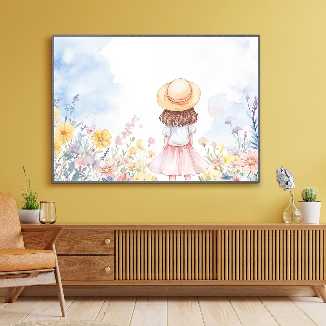 Beautiful Girl In Flower Field Watercolor Straw Hat Pastel Wall Art