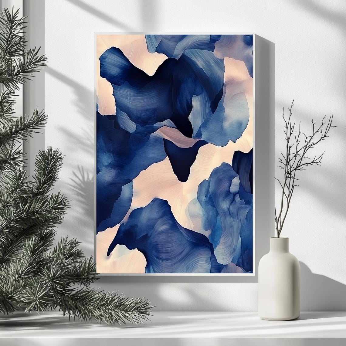 Navy Blue and Blush Pink Abstract Ink Watercolor Painting Poster