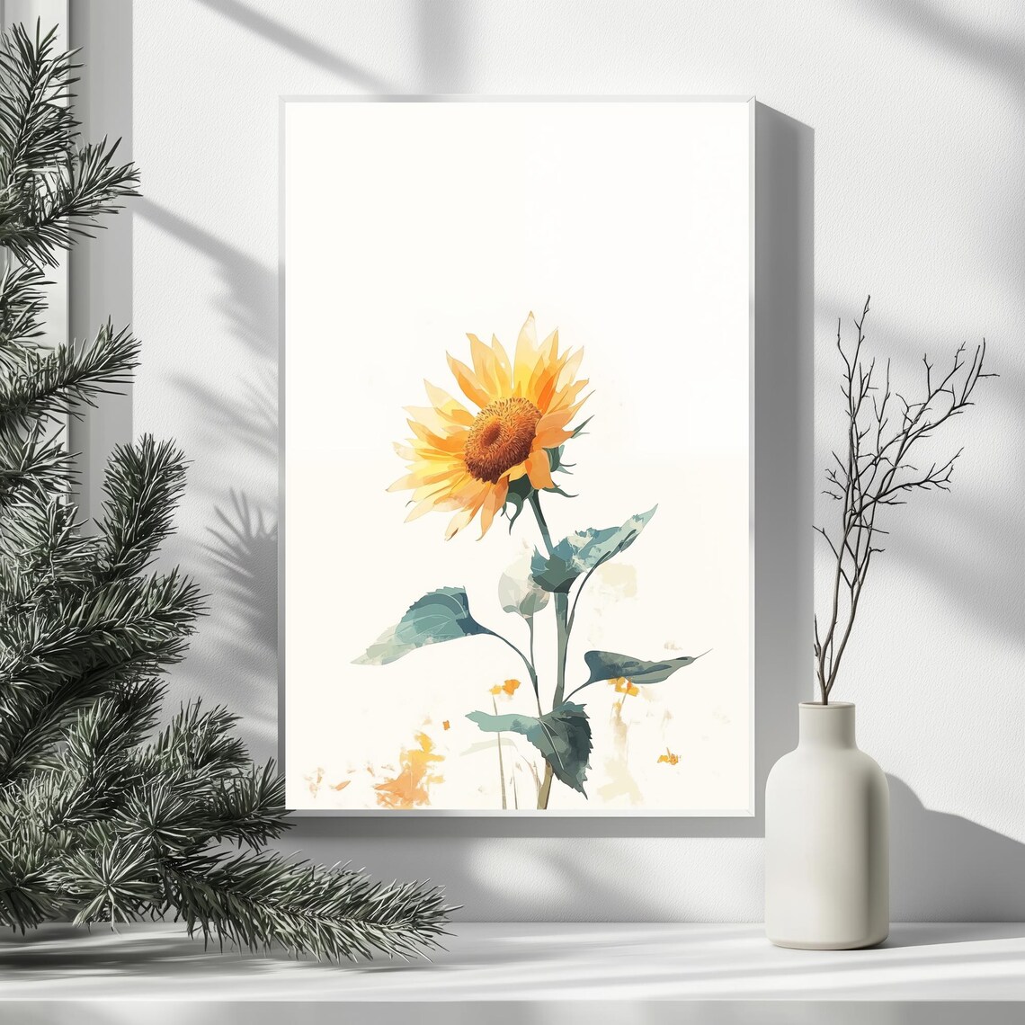 Single Yellow Sunflower Watercolor Minimalist Botanical Poster