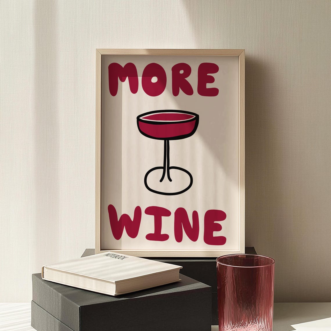 More Wine Bold Red Typography Poster With Wine Glass Kitchen Art - Image 4