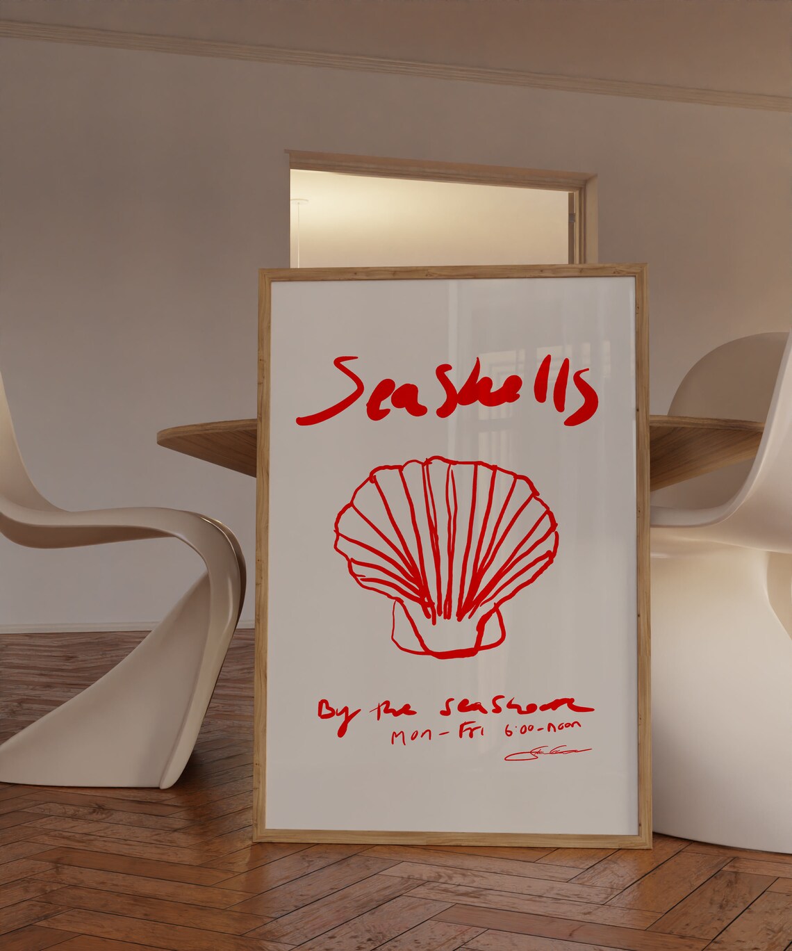 Seashells By the Seashore Poster Red Line Drawing Minimalist Kitchen Decor
