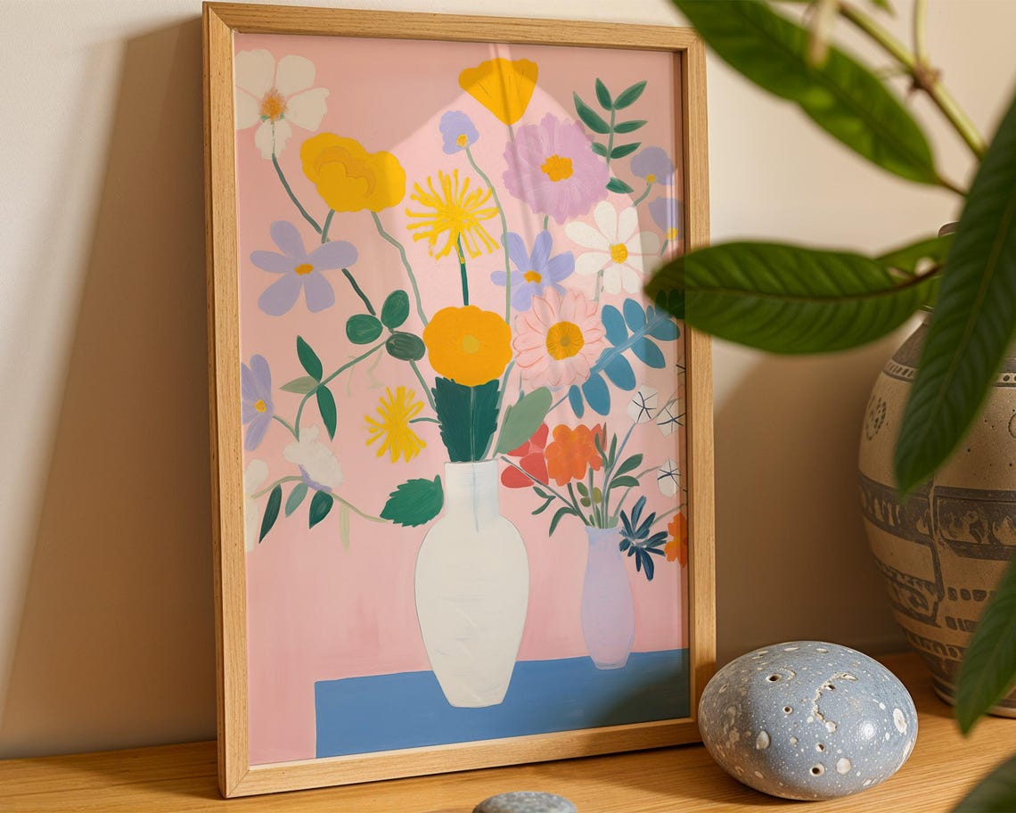 Pastel Flower Vase Whimsical Botanical Illustration Art Poster