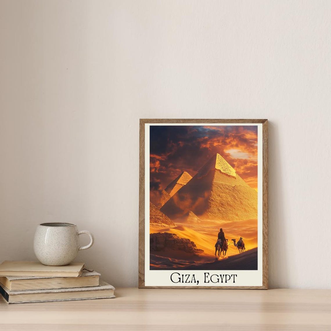 Giza Egypt Poster with Great Pyramids and Camel Caravan at Sunset - Image 4