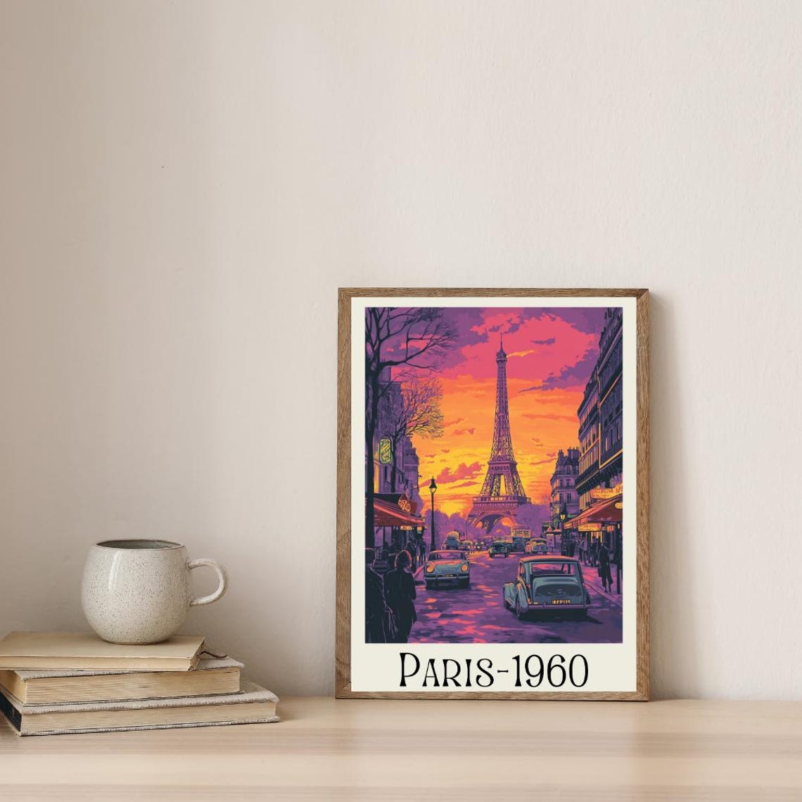 Paris 1960 Retro Poster with Eiffel Tower at Sunset and Vintage Cars - Image 4