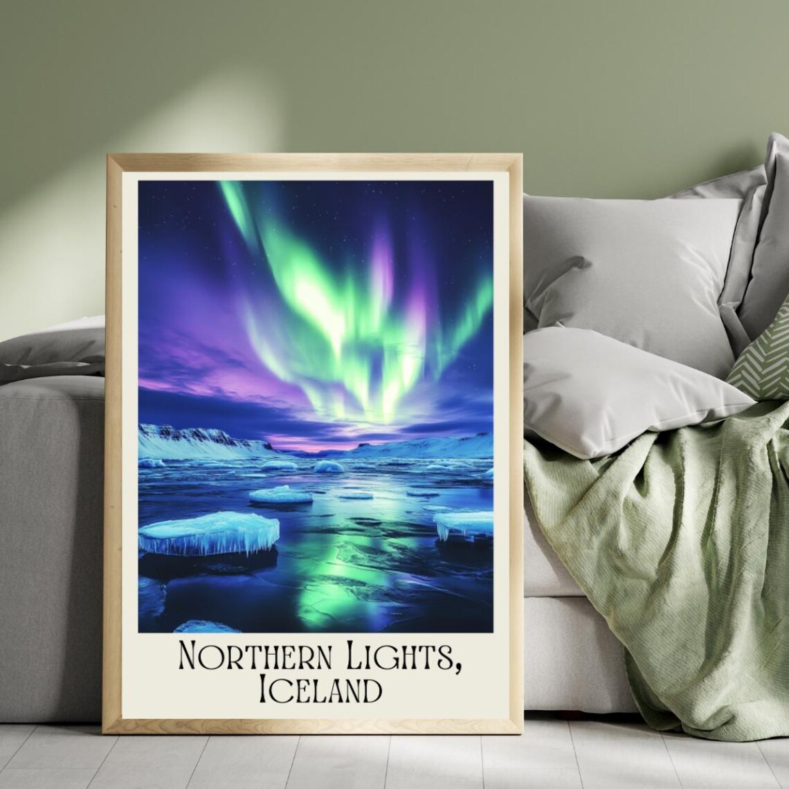 Northern Lights Iceland Poster with Aurora over an Icy Lagoon