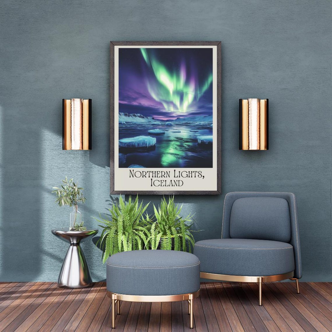 Northern Lights Iceland Poster with Aurora over an Icy Lagoon - Image 5