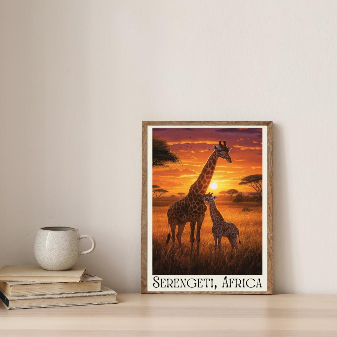 Serengeti Africa Poster with Giraffe Mother and Calf at Sunset - Image 4