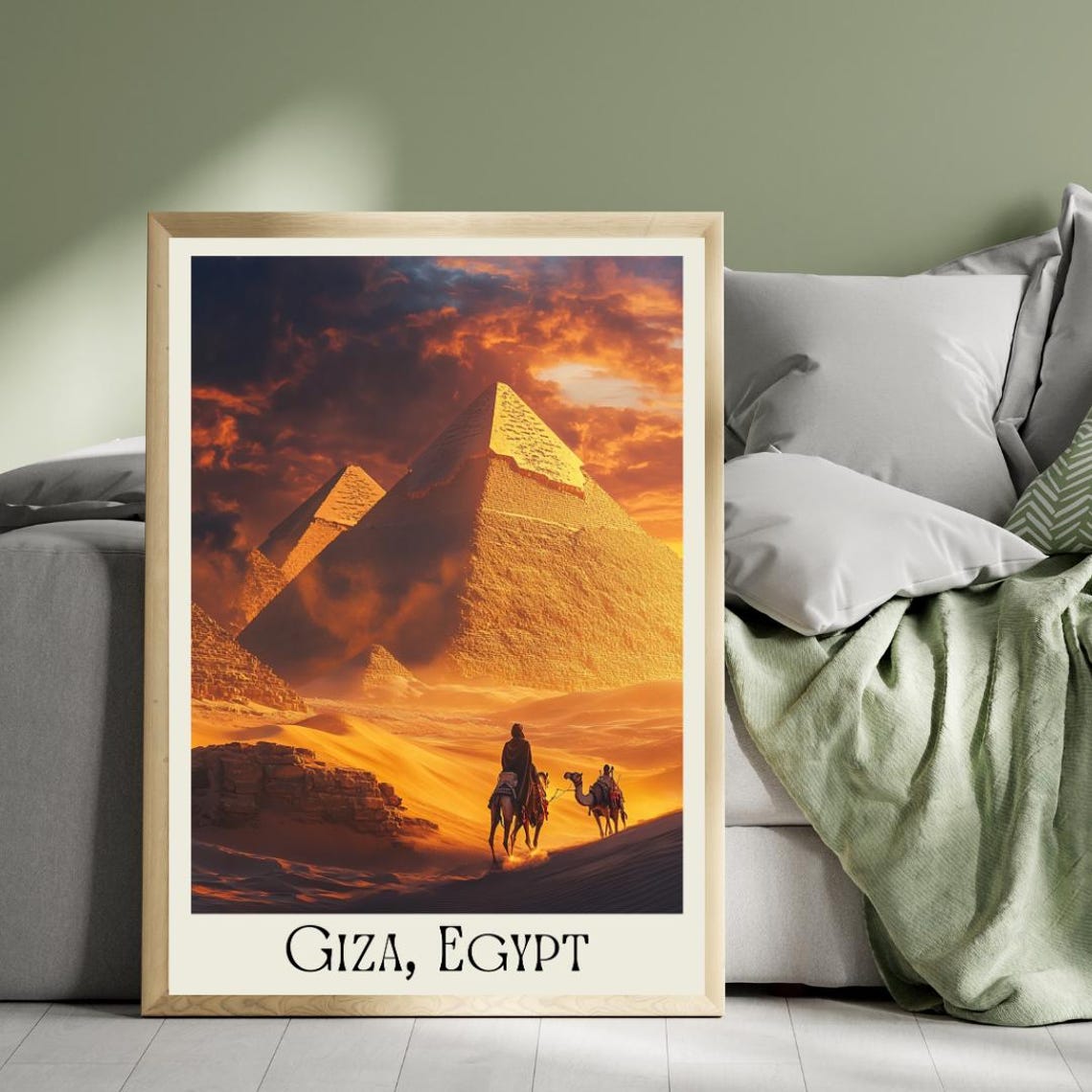 Giza Egypt Poster with Great Pyramids and Camel Caravan at Sunset