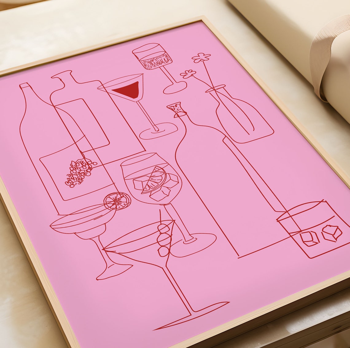 Pink Cocktail Bar Line Art Martini Glass Kitchen Decor Wall Art - Image 4