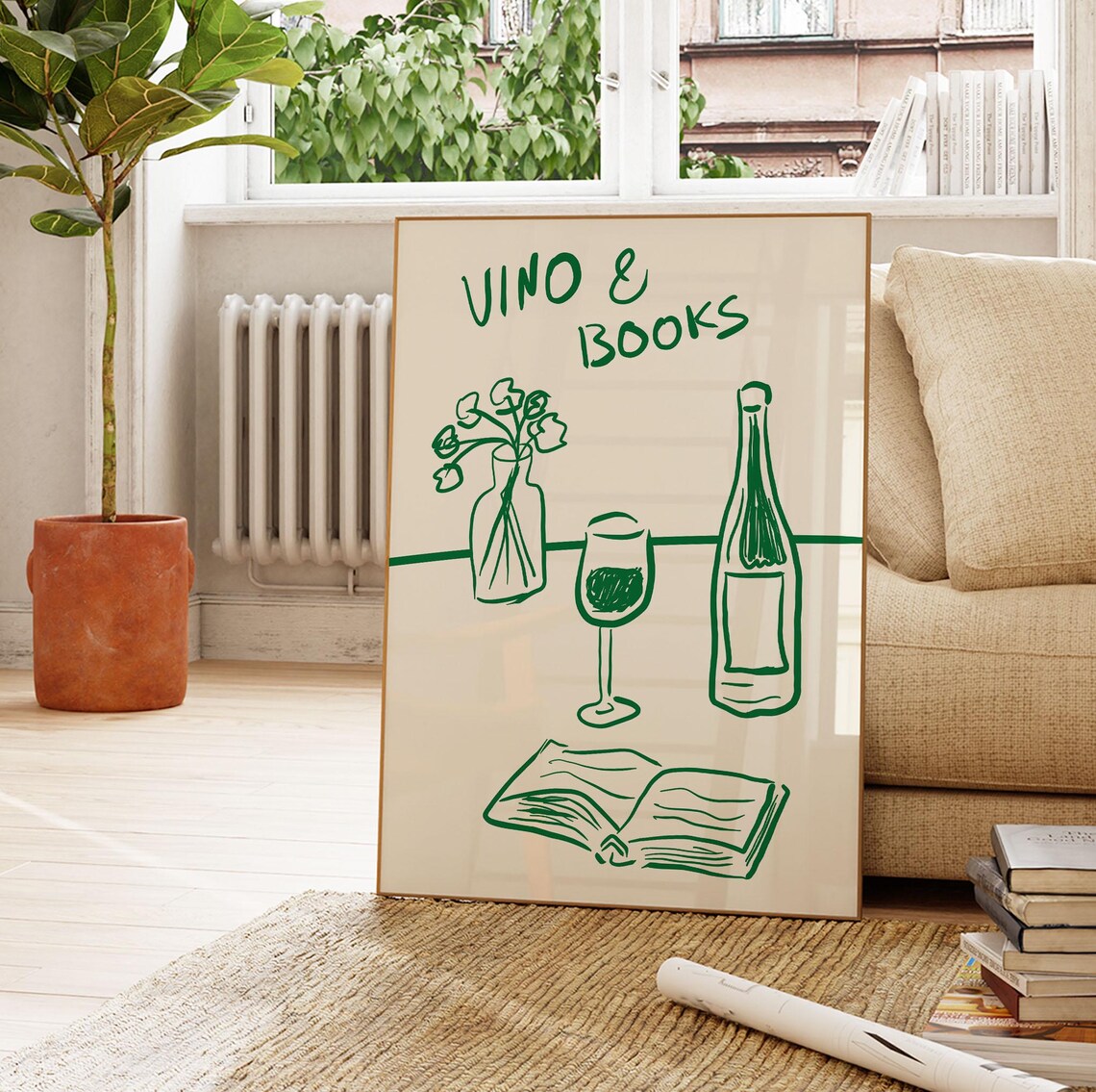 Vino and Books Green Line Art Wine Book Lover Kitchen Art Poster - Image 4