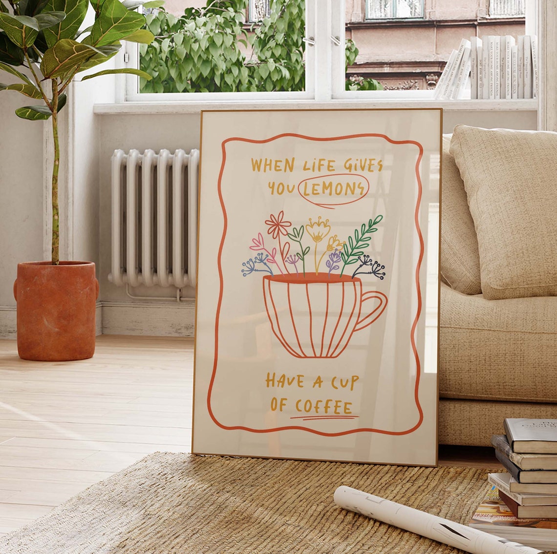 When Life Gives You Lemons Have a Cup of Coffee Floral Art Print - Image 2