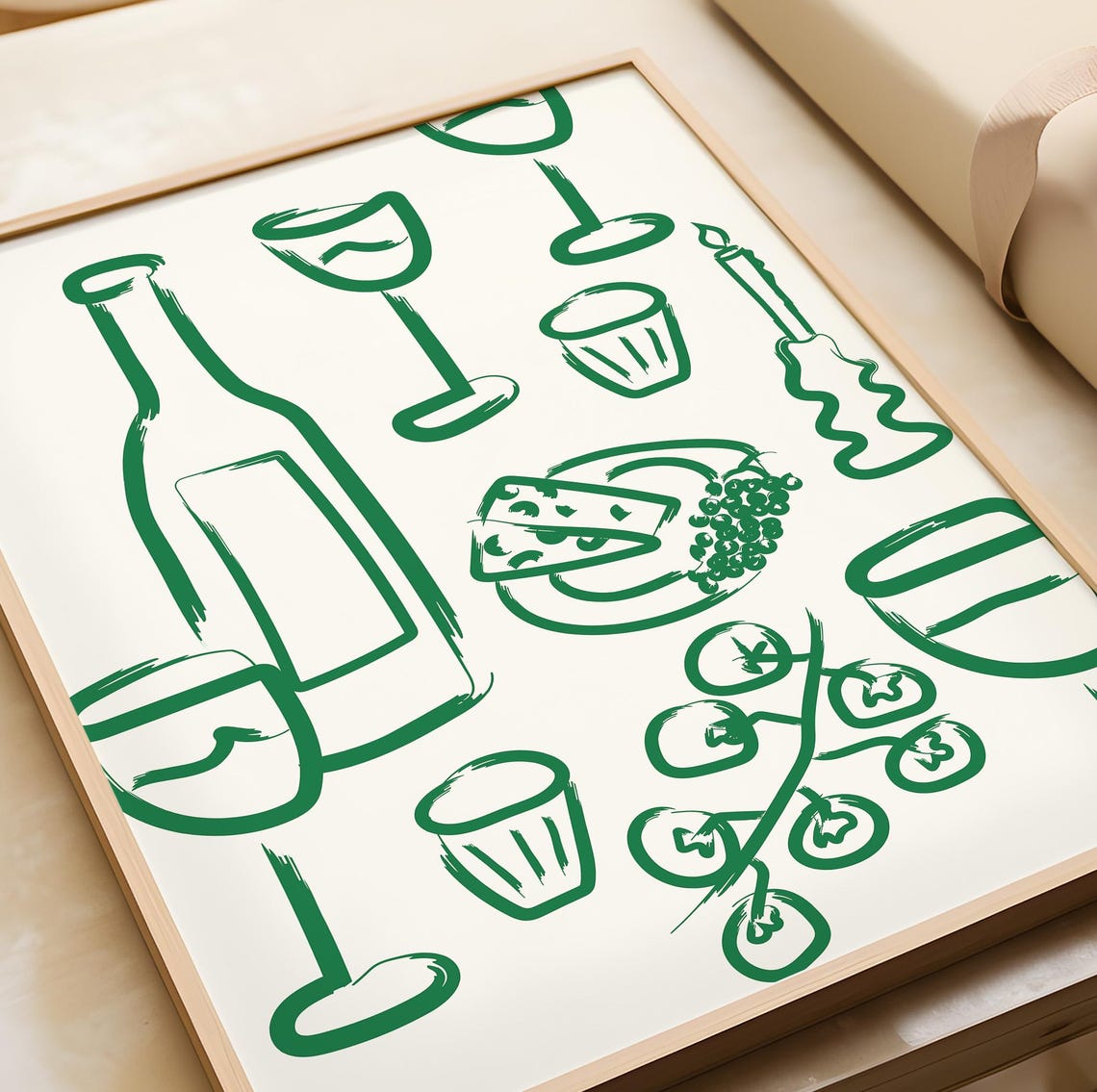 Modern Green Line Art Wine Bottle Glasses Cheese Kitchen Print - Image 2