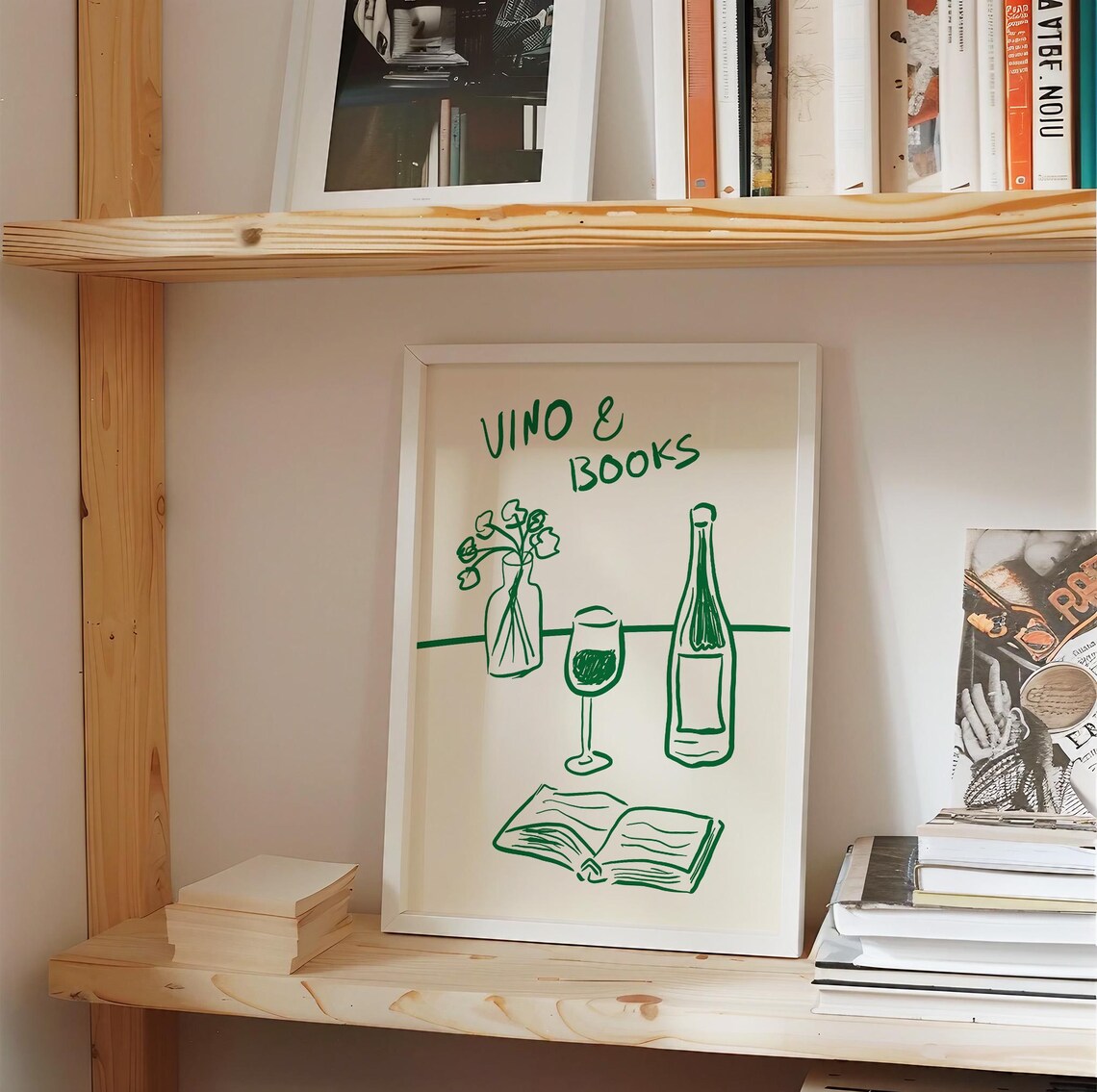 Vino and Books Green Line Art Wine Book Lover Kitchen Art Poster - Image 2