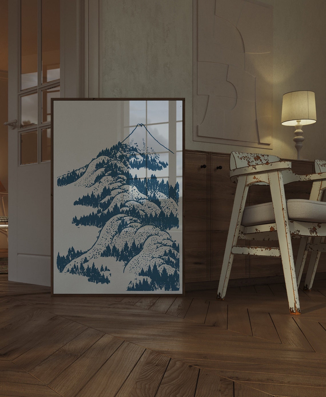 Blue Japanese Style Mountain Pine Forest Woodblock Art Poster - Image 2