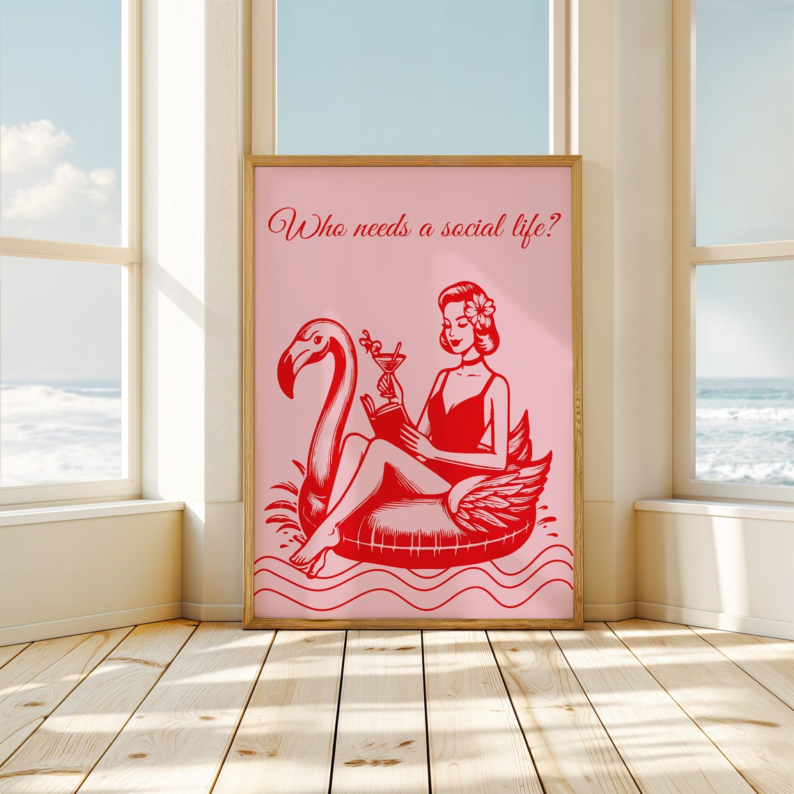 Who Needs A Social Life Retro Pink Flamingo Float Cocktail Poster - Image 3
