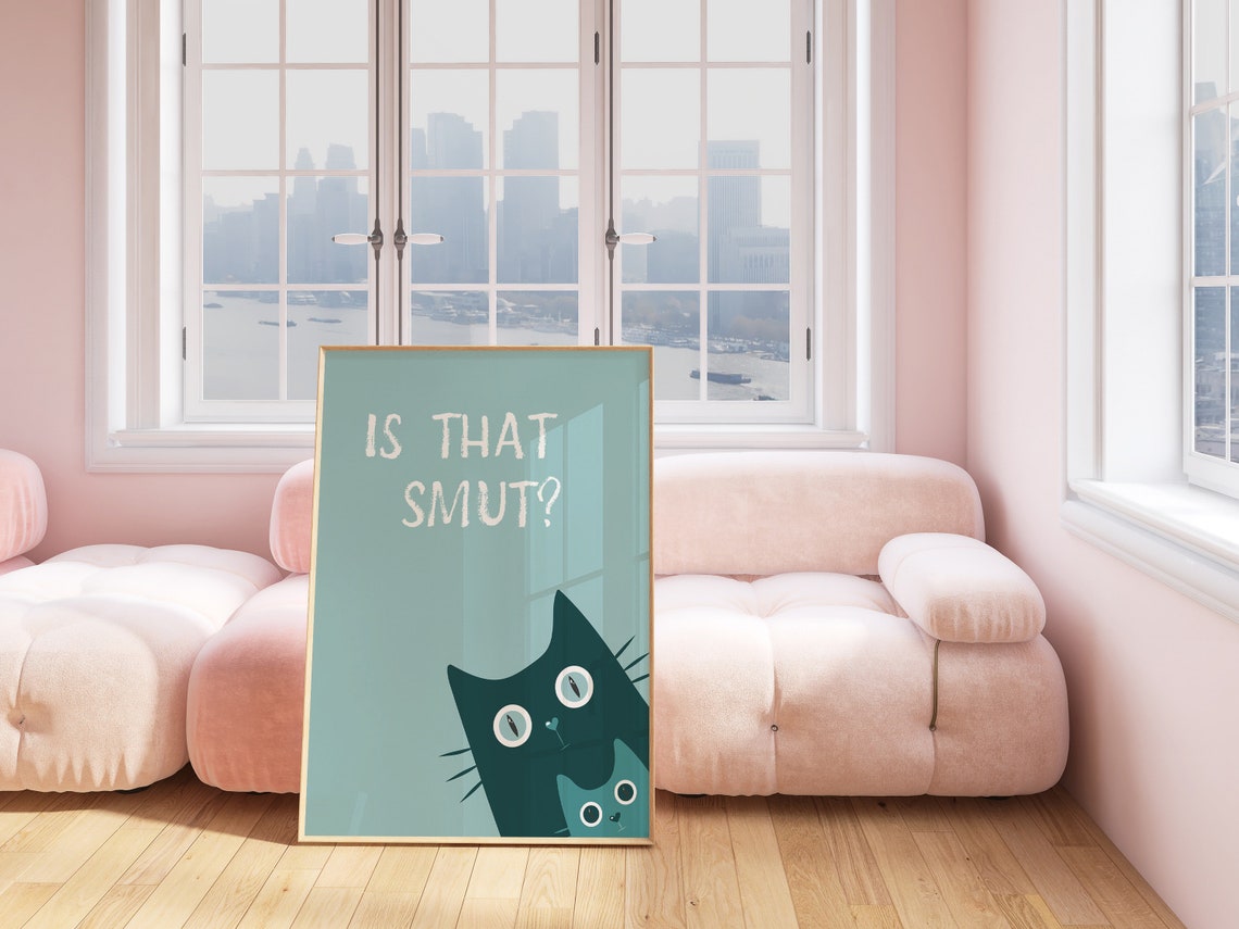 Is That Smut Funny Peeking Teal Cat Book Lover Humor Art Poster - Image 3