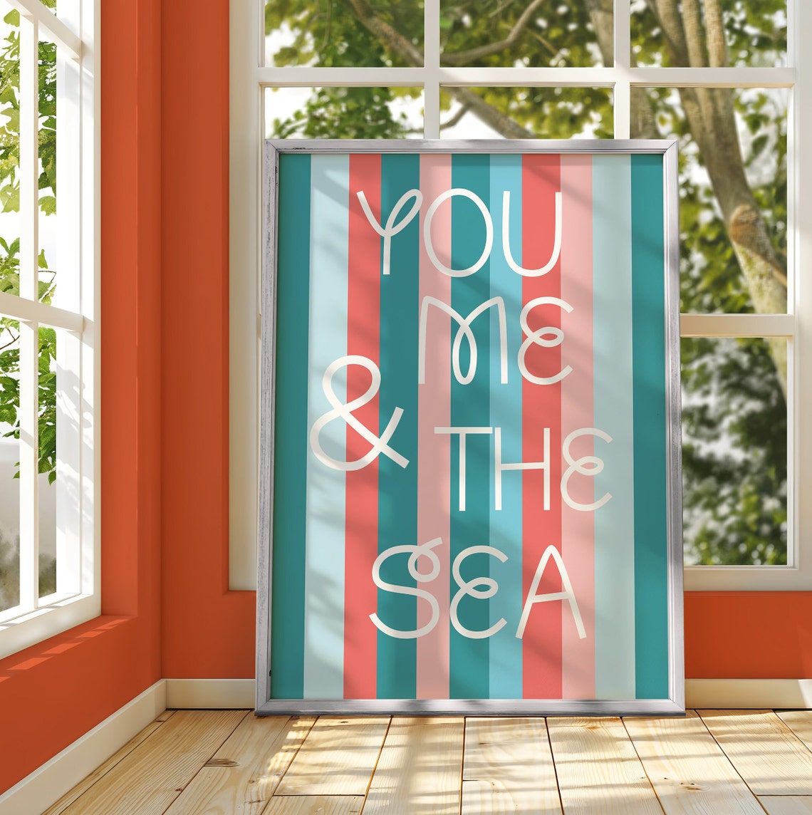 You Me and the Sea Teal Coral Stripe Cream Text Beach Poster