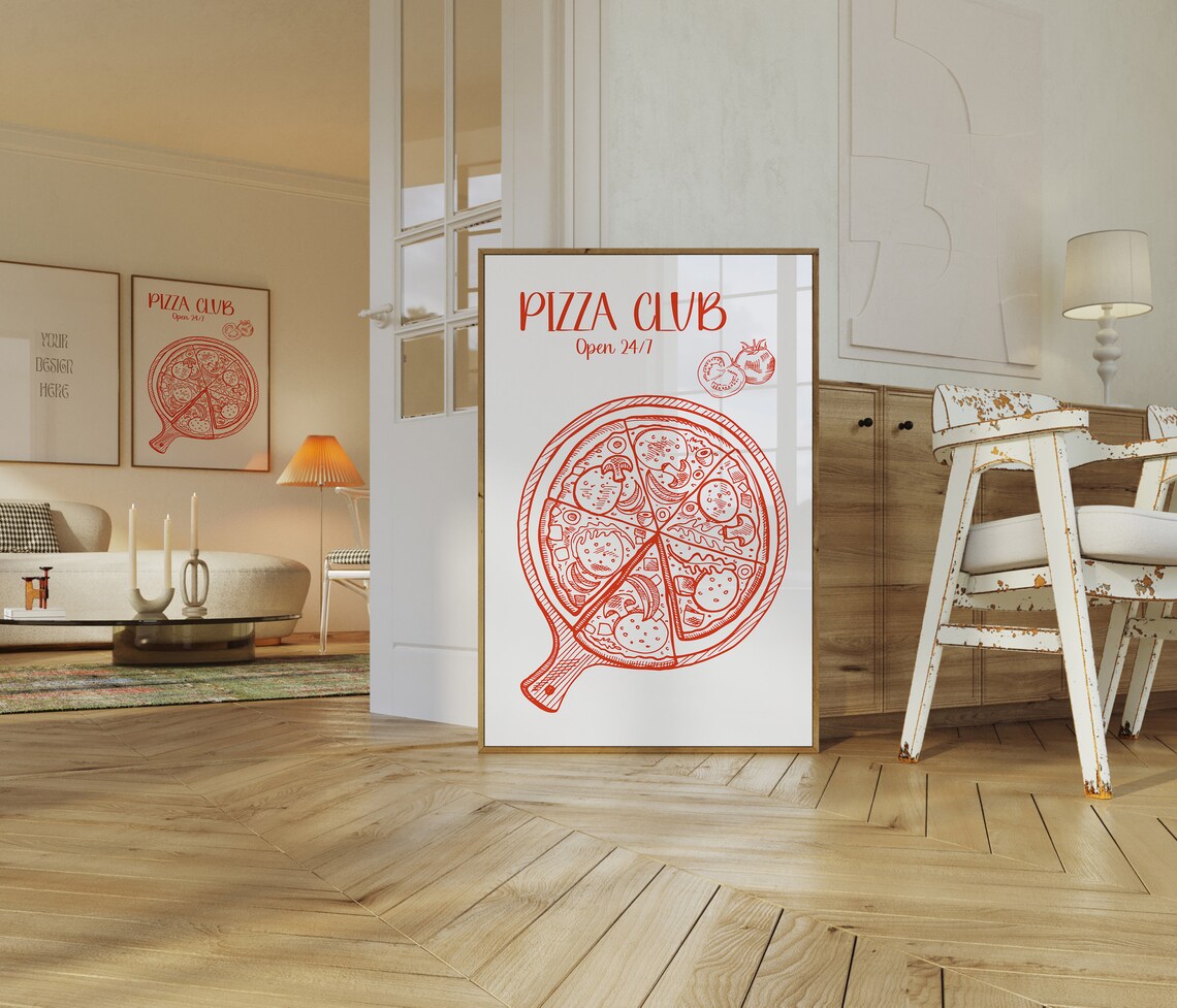 Pizza Club Open 24/7 Red Sketch Kitchen Foodie Diner Art Poster - Image 2