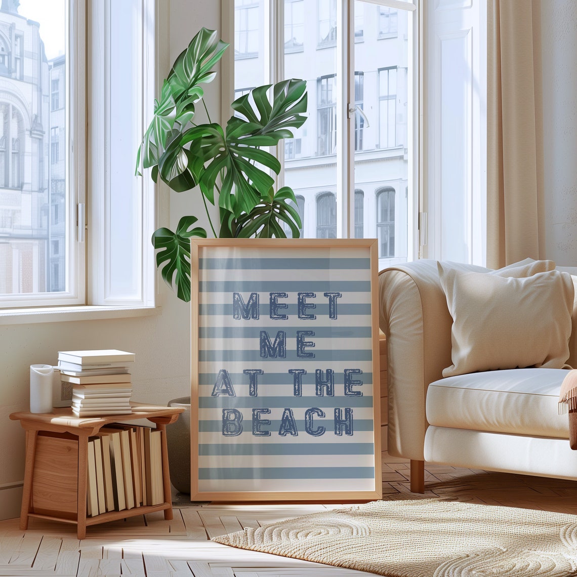 Meet Me At The Beach Striped Coastal Blue Typography Quote Poster - Image 3