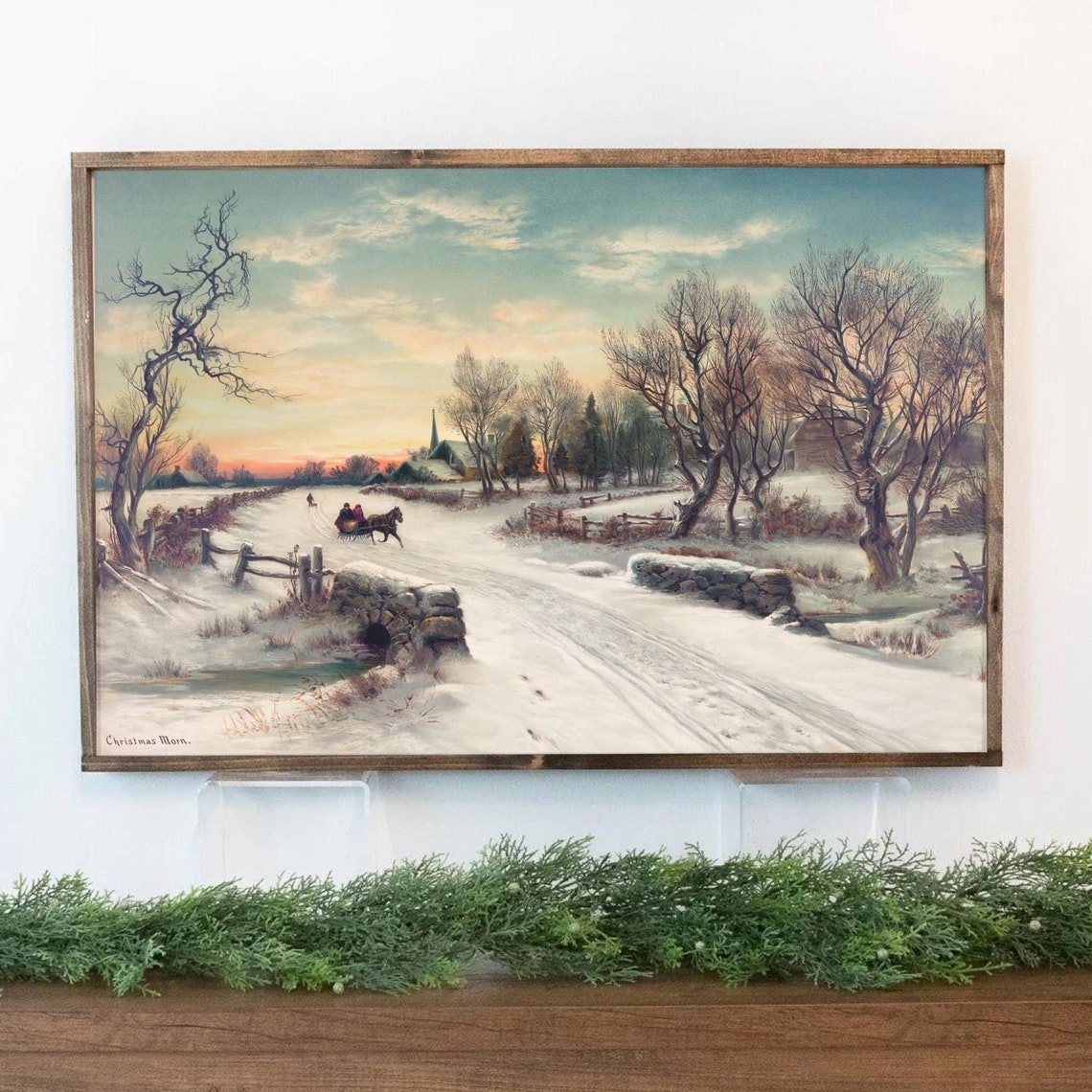 Christmas Morn Snowy Bridge Wall Art Christmas Morning Art Vintage Winter Art Print Antique Winter Painting Horse And Carriage Art