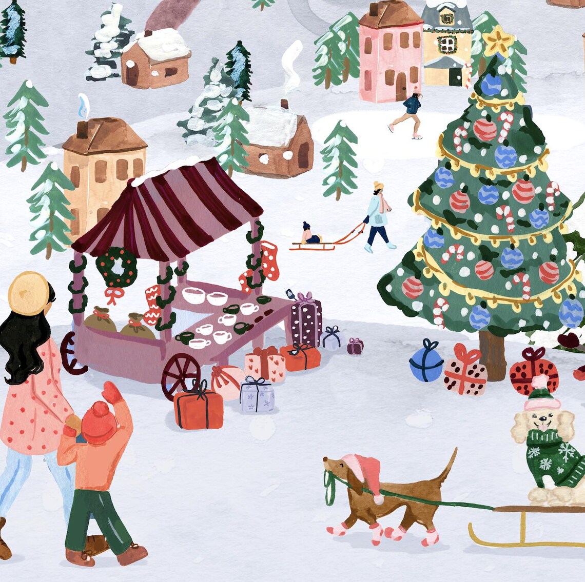 Christmas Village Watercolor Art Print, Holiday Decor - Image 2