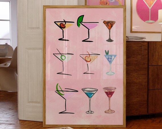 Martini Cocktail Grid Nine Colorful Glasses Pink Bar Wall Poster