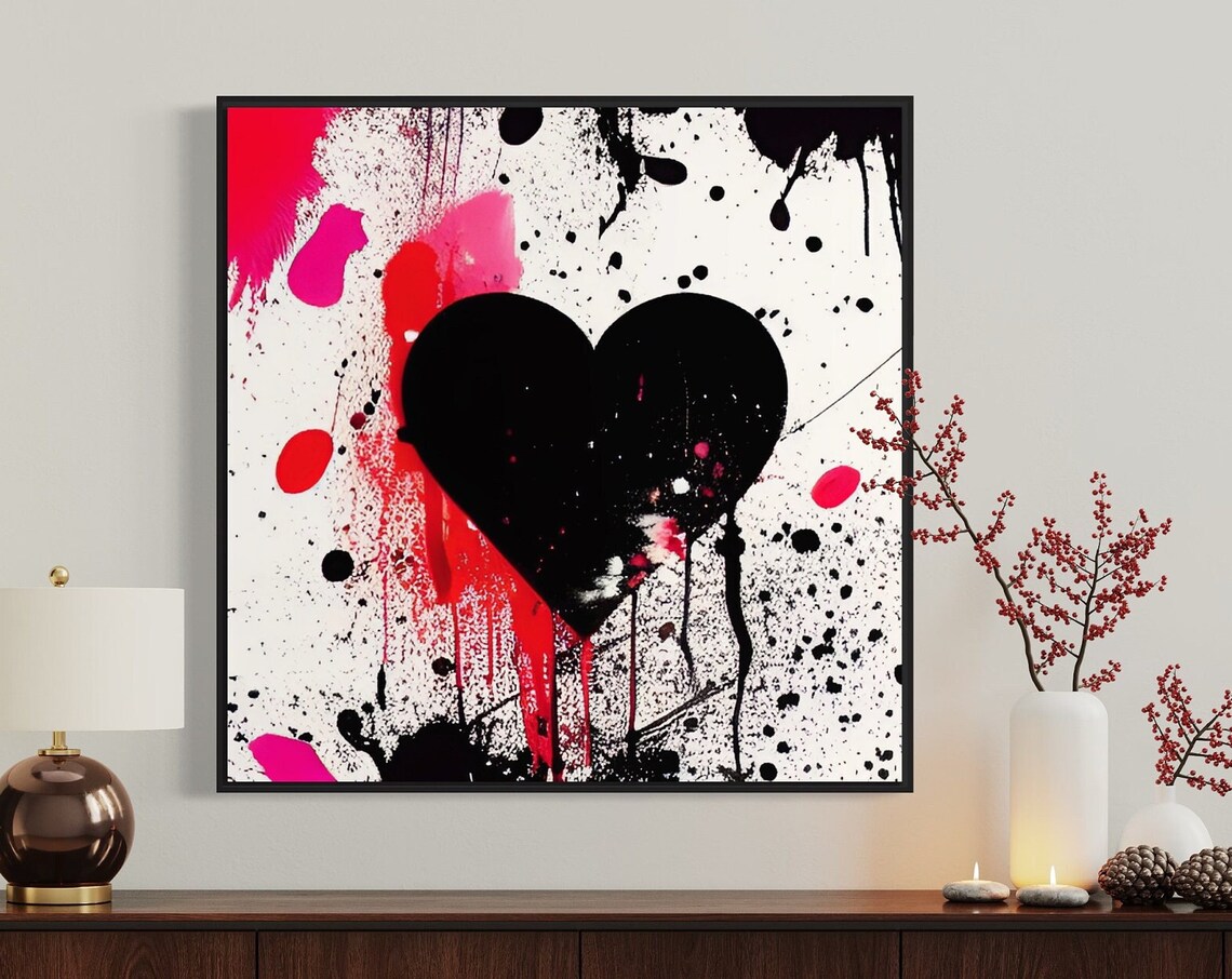 Black Heart Graffiti Splatter Art Poster in Pink Red and White