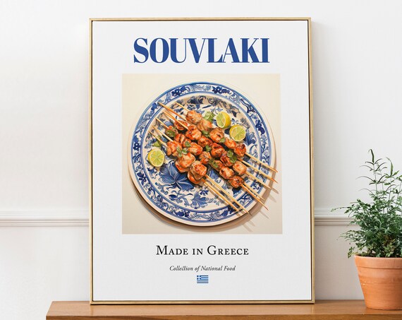 Souvlaki on Maiolica Tile Plate, Greek Food Art Print