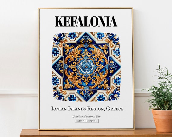 Kefalonia Tile Pattern Poster, Greek Island Beauty