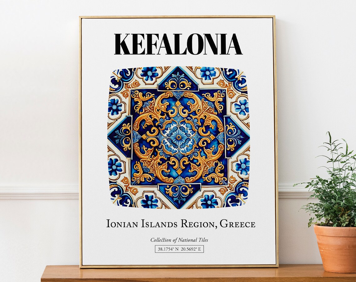 Kefalonia Tile Pattern Poster, Greek Island Beauty