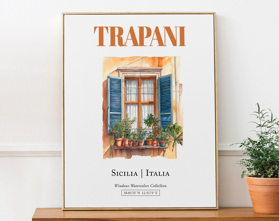 Trapani Sicilia Italia Travel Poster, Watercolor Illustration