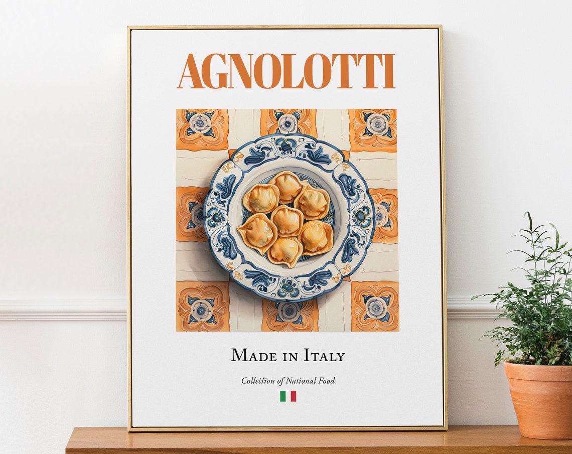 Agnolotti On Maiolica Tile Plate, Italian Food Poster