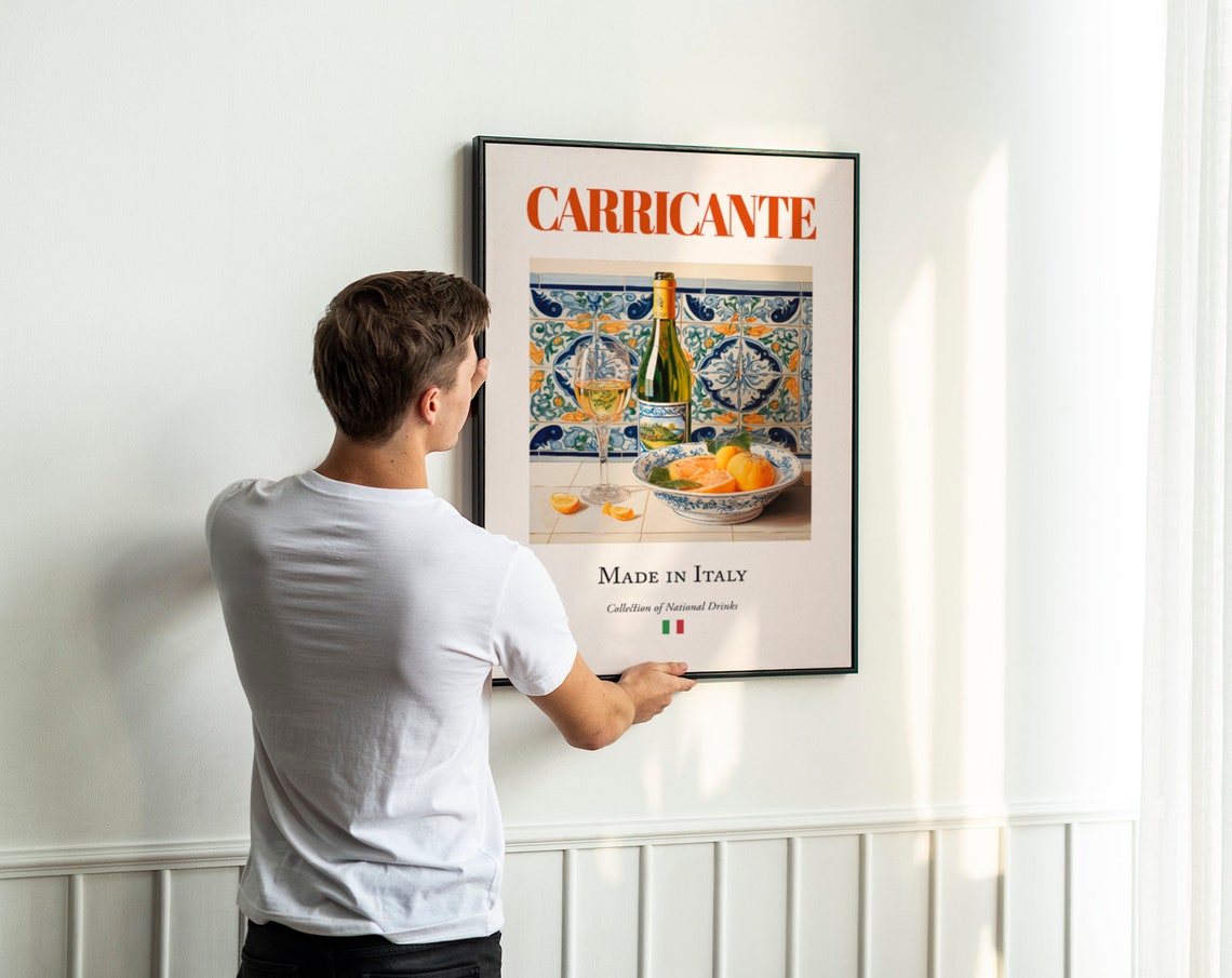 Carricante Wine on Maiolica Tile, Italian Travel Poster - Image 3