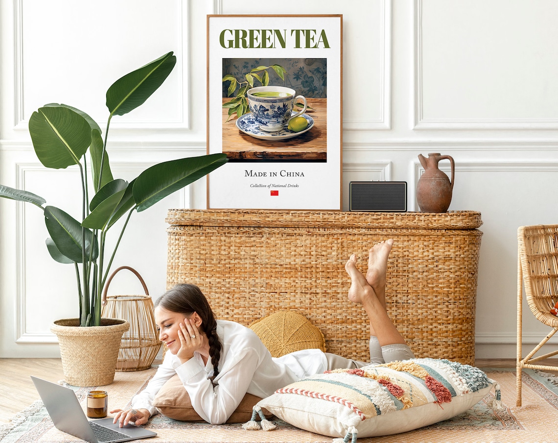 Green Tea On Maiolica Tile Poster, Kitchen Bar Art - Image 2