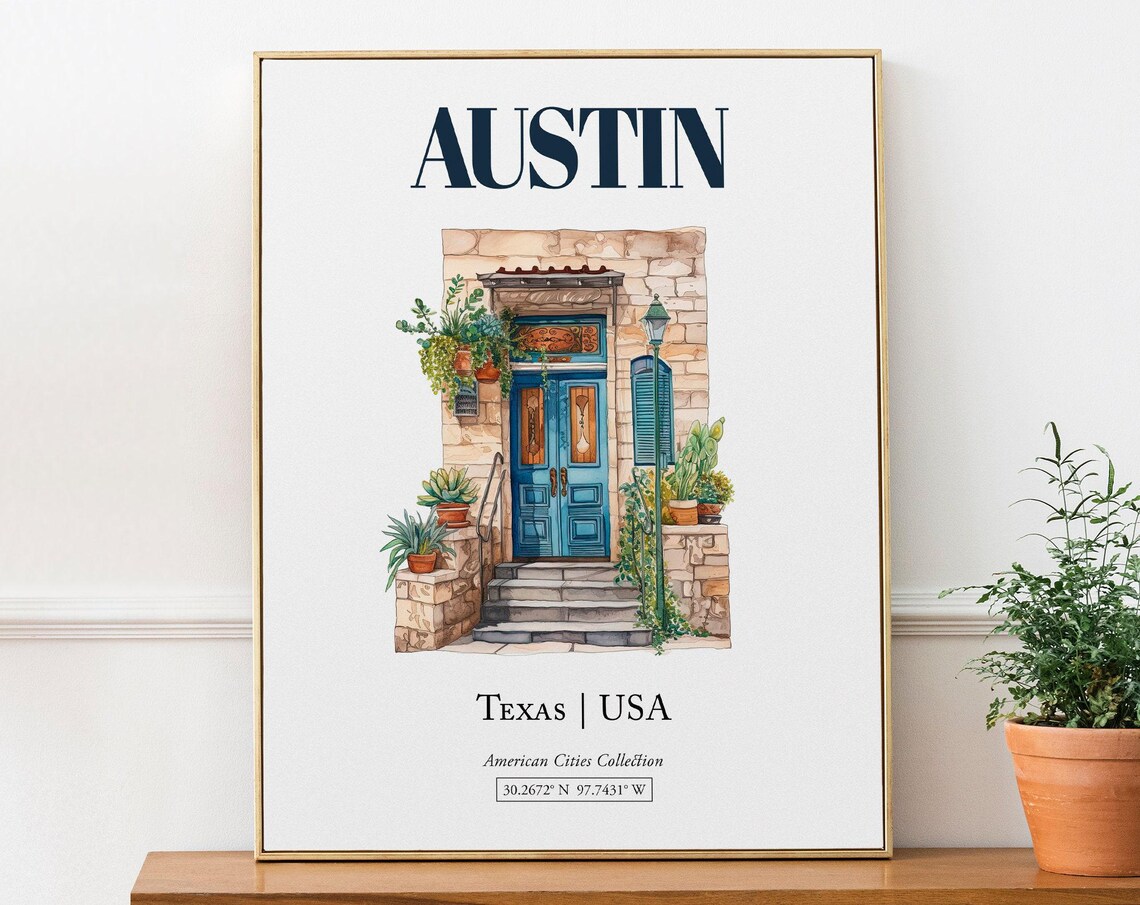 Austin Texas USA Minimalist Watercolor Door Art Print