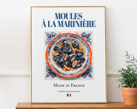 Moules Marinière on Maiolica Tile Plate, French Food Poster