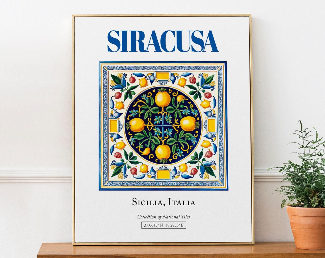 Siracusa Sicily Tile Art Print, Italian Folk Design