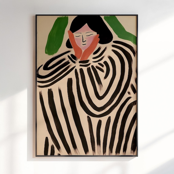 Woman With Striped Shawl Hands On Cheeks Modern Portrait Poster
