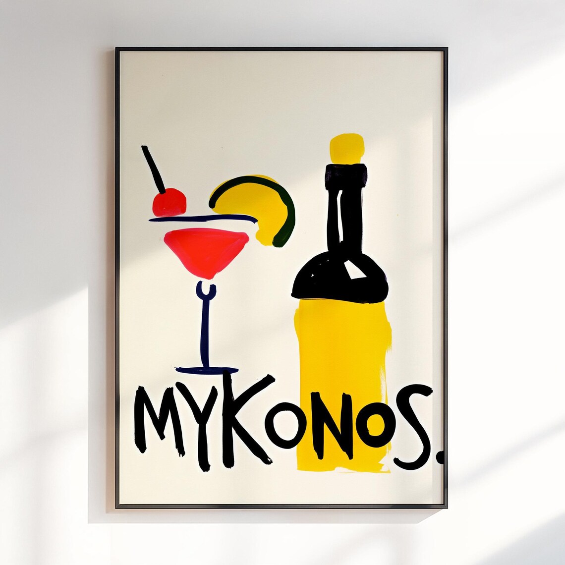 Mykonos Cocktail and Wine Bottle Playful Pop Art Travel Poster